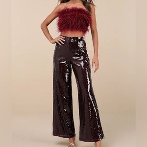 Lulu's Celebrity Shine Burgundy Feather Sequin Two-Piece Jumpsuit